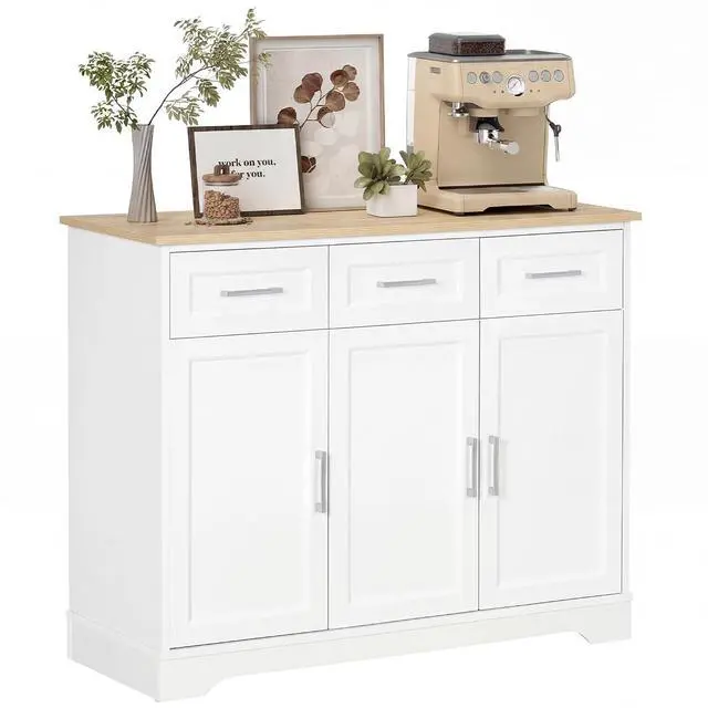 Main image of Sideboard Buffet Cabinet with 3 Storage Drawers White | Kitchen Coffee Bar Cabinet, Adjustable Shelf, for Living Room