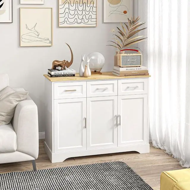 Alt view image 2 of 7 - Sideboard Buffet Cabinet with 3 Storage Drawers White | Kitchen Coffee Bar Cabinet, Adjustable Shelf, for Living Room