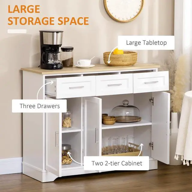 Alt view image 4 of 7 - Sideboard Buffet Cabinet with 3 Storage Drawers White | Kitchen Coffee Bar Cabinet, Adjustable Shelf, for Living Room