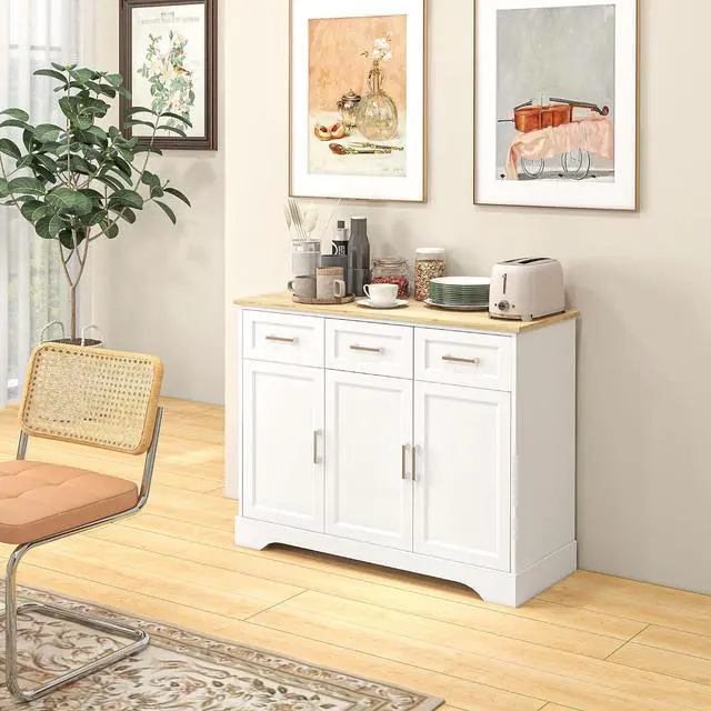 Alt view image 7 of 7 - Sideboard Buffet Cabinet with 3 Storage Drawers White | Kitchen Coffee Bar Cabinet, Adjustable Shelf, for Living Room