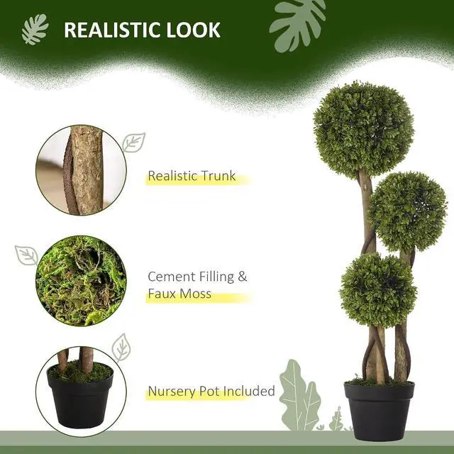 Alt view image 3 of 7 - Artificial Plant 3 Ball Boxwood Topiary Tree Outdoor Light Green | Indoor & Outdoor Fake Plants, Artificial Tree in Pot, Home Office, Living Room Decor