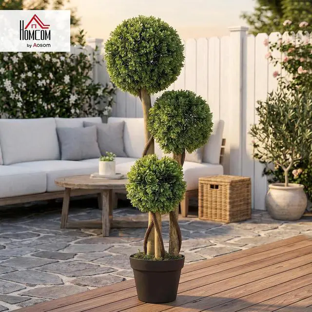Alt view image 2 of 7 - Artificial Plant 3 Ball Boxwood Topiary Tree Outdoor Light Green | Indoor & Outdoor Fake Plants, Artificial Tree in Pot, Home Office, Living Room Decor