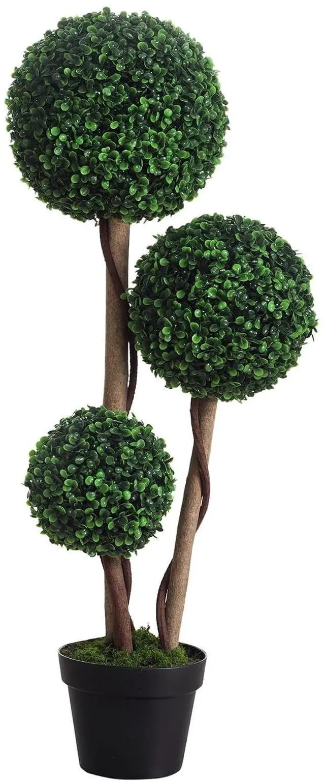 Main image of Artificial Plant 3 Ball Boxwood Topiary Tree Outdoor Dark Green | Indoor & Outdoor Fake Plants, Artificial Tree in Pot, Home Office, Living Room Decor