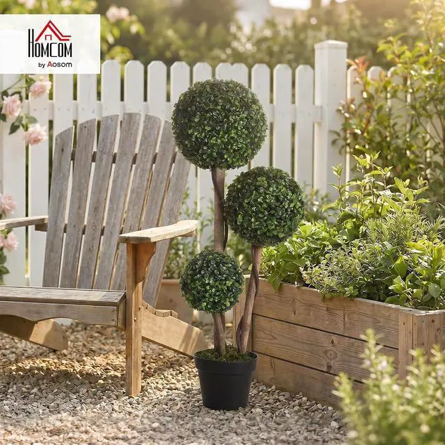 Alt view image 2 of 7 - Artificial Plant 3 Ball Boxwood Topiary Tree Outdoor Dark Green | Indoor & Outdoor Fake Plants, Artificial Tree in Pot, Home Office, Living Room Decor
