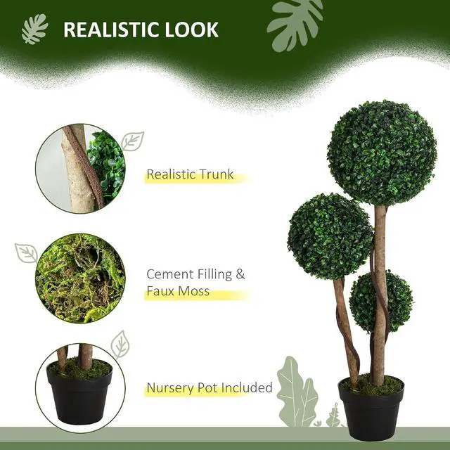 Alt view image 3 of 7 - Artificial Plant 3 Ball Boxwood Topiary Tree Outdoor Dark Green | Indoor & Outdoor Fake Plants, Artificial Tree in Pot, Home Office, Living Room Decor