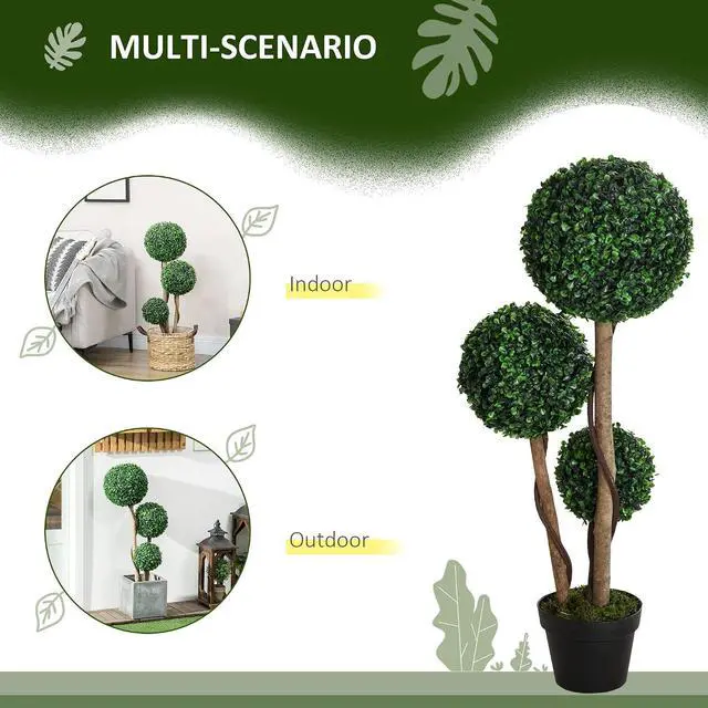 Alt view image 4 of 7 - Artificial Plant 3 Ball Boxwood Topiary Tree Outdoor Dark Green | Indoor & Outdoor Fake Plants, Artificial Tree in Pot, Home Office, Living Room Decor