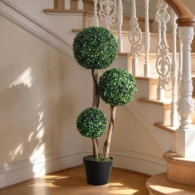 Alt view image 6 of 7 - Artificial Plant 3 Ball Boxwood Topiary Tree Outdoor Dark Green | Indoor & Outdoor Fake Plants, Artificial Tree in Pot, Home Office, Living Room Decor