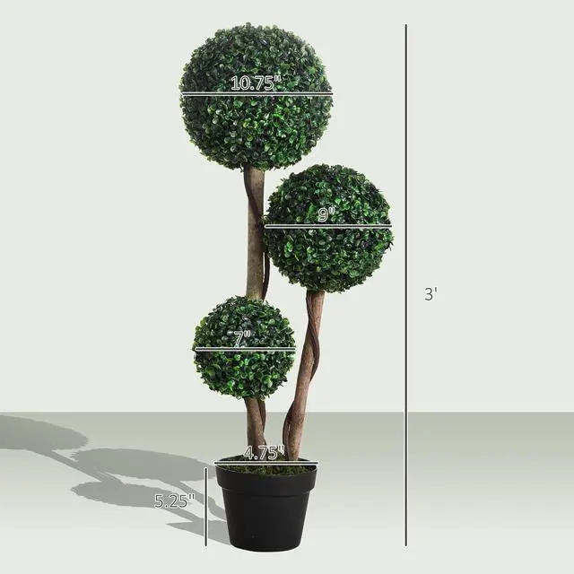 Alt view image 7 of 7 - Artificial Plant 3 Ball Boxwood Topiary Tree Outdoor Dark Green | Indoor & Outdoor Fake Plants, Artificial Tree in Pot, Home Office, Living Room Decor