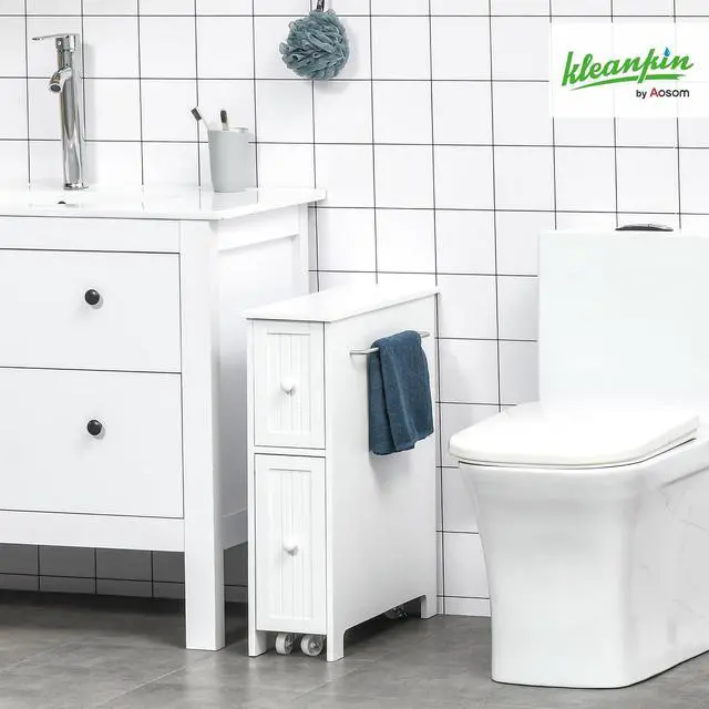 Alt view image 2 of 7 - kleankin Slim Bathroom Cabinet, Toilet Paper Holder, Drawers, Wheels, White | Freestanding, Storage Cabinet, Side Towel Rack, 7 x 20.5 x 24.75 Inches