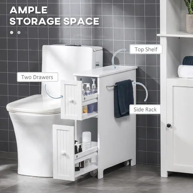 Alt view image 4 of 7 - kleankin Slim Bathroom Cabinet, Toilet Paper Holder, Drawers, Wheels, White | Freestanding, Storage Cabinet, Side Towel Rack, 7 x 20.5 x 24.75 Inches