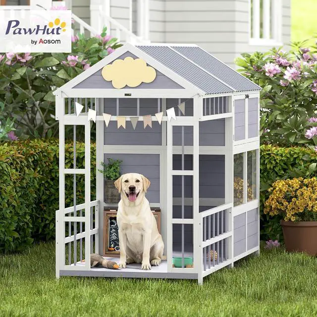 Alt view image 2 of 7 - PawHut Dog House Outdoor Indoor, 79" x 41" x 63" w/Porch, Storage Cabinet | Wooden Dog Shelter, Weatherproof Roof, Elevated Floor, Air Vents & Observation Windows, Large Pet Shelter for Large Breeds