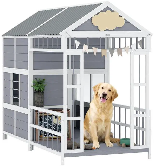 Main image of PawHut Dog House Outdoor Indoor, 79" x 41" x 63" w/Porch, Storage Cabinet | Wooden Dog Shelter, Weatherproof Roof, Elevated Floor, Air Vents & Observation Windows, Large Pet Shelter for Large Breeds