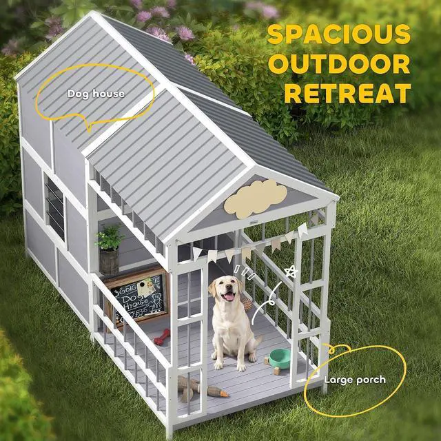 Alt view image 3 of 7 - PawHut Dog House Outdoor Indoor, 79" x 41" x 63" w/Porch, Storage Cabinet | Wooden Dog Shelter, Weatherproof Roof, Elevated Floor, Air Vents & Observation Windows, Large Pet Shelter for Large Breeds