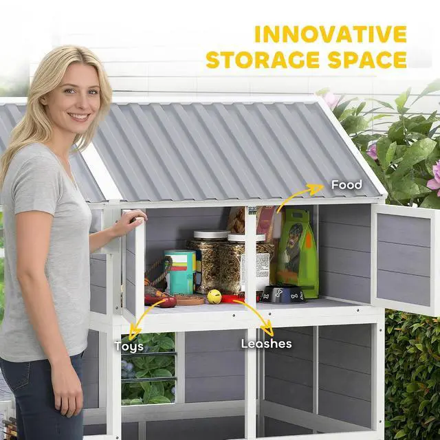 Alt view image 4 of 7 - PawHut Dog House Outdoor Indoor, 79" x 41" x 63" w/Porch, Storage Cabinet | Wooden Dog Shelter, Weatherproof Roof, Elevated Floor, Air Vents & Observation Windows, Large Pet Shelter for Large Breeds