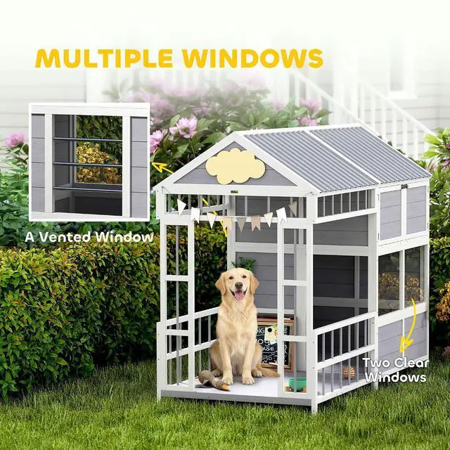 Alt view image 5 of 7 - PawHut Dog House Outdoor Indoor, 79" x 41" x 63" w/Porch, Storage Cabinet | Wooden Dog Shelter, Weatherproof Roof, Elevated Floor, Air Vents & Observation Windows, Large Pet Shelter for Large Breeds