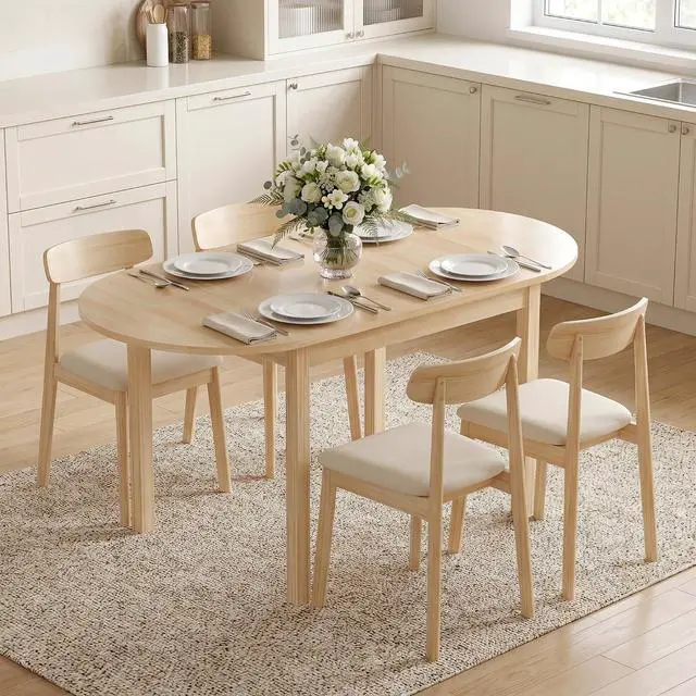 Main image of 55" Solid Wood Kitchen Table for 4-6 People Oval Drop Leaf Natural | for Small Spaces, Folding Dining Table