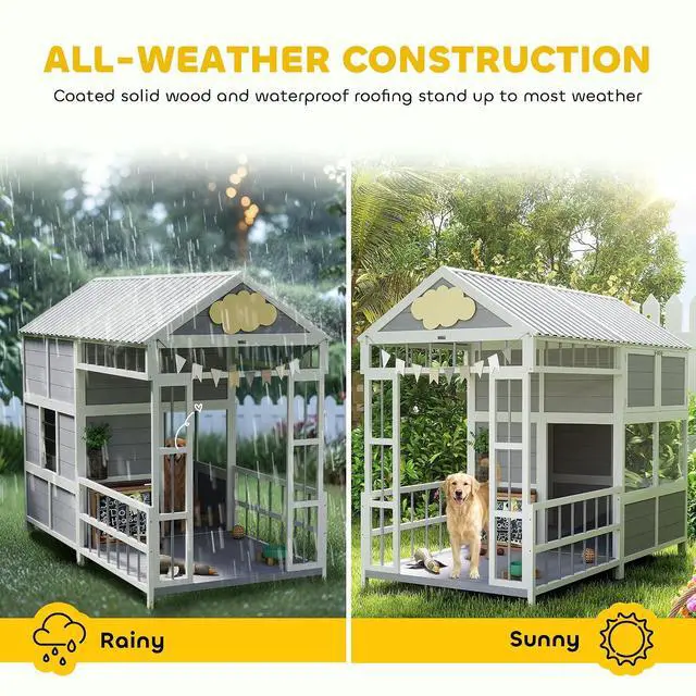 Alt view image 6 of 7 - PawHut Dog House Outdoor Indoor, 79" x 41" x 63" w/Porch, Storage Cabinet | Wooden Dog Shelter, Weatherproof Roof, Elevated Floor, Air Vents & Observation Windows, Large Pet Shelter for Large Breeds