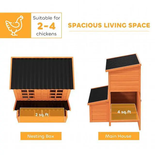 Alt view image 3 of 7 - PawHut Wooden Chicken Coop 39" with Nesting Box for 2-4 Chickens Orange | Pull-Out Tray, Waterproof Roof, Hen House, Outdoor Poultry Cage, Rabbits Small Animals, Backyard