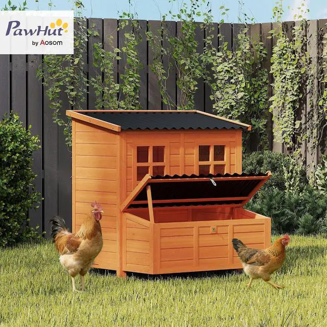 Alt view image 2 of 7 - PawHut Wooden Chicken Coop 39" with Nesting Box for 2-4 Chickens Orange | Pull-Out Tray, Waterproof Roof, Hen House, Outdoor Poultry Cage, Rabbits Small Animals, Backyard