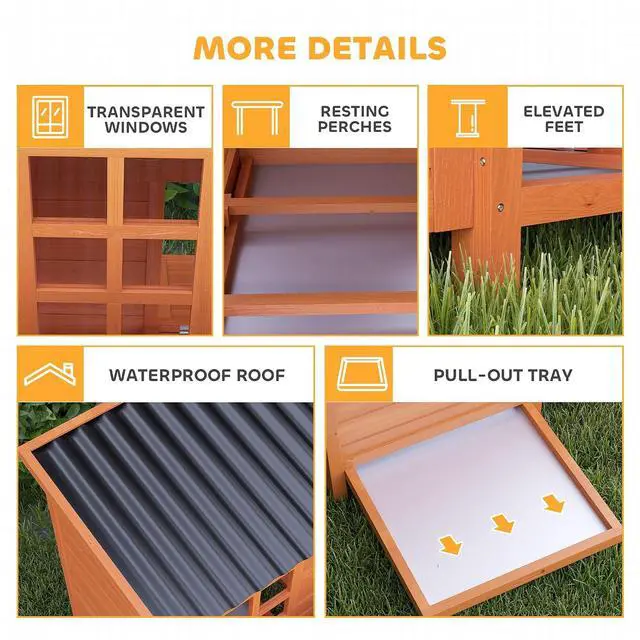 Alt view image 6 of 7 - PawHut Wooden Chicken Coop 39" with Nesting Box for 2-4 Chickens Orange | Pull-Out Tray, Waterproof Roof, Hen House, Outdoor Poultry Cage, Rabbits Small Animals, Backyard