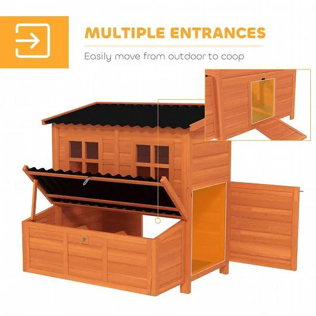 Alt view image 5 of 7 - PawHut Wooden Chicken Coop 39" with Nesting Box for 2-4 Chickens Orange | Pull-Out Tray, Waterproof Roof, Hen House, Outdoor Poultry Cage, Rabbits Small Animals, Backyard