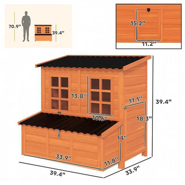 Alt view image 7 of 7 - PawHut Wooden Chicken Coop 39" with Nesting Box for 2-4 Chickens Orange | Pull-Out Tray, Waterproof Roof, Hen House, Outdoor Poultry Cage, Rabbits Small Animals, Backyard