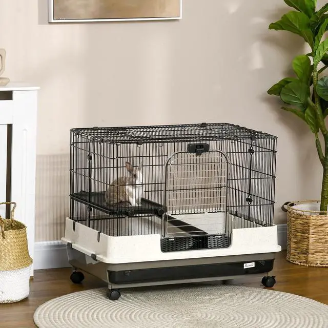 Alt view image 2 of 7 - PawHut 26" Small Animal Cage with Wheels, 2-Level Portable Bunny Cage, Chinchilla Ferret Cage with Removable Tray, Platform and Ramp | Portable Chinchilla Ferret Cage, Platform, Ramp