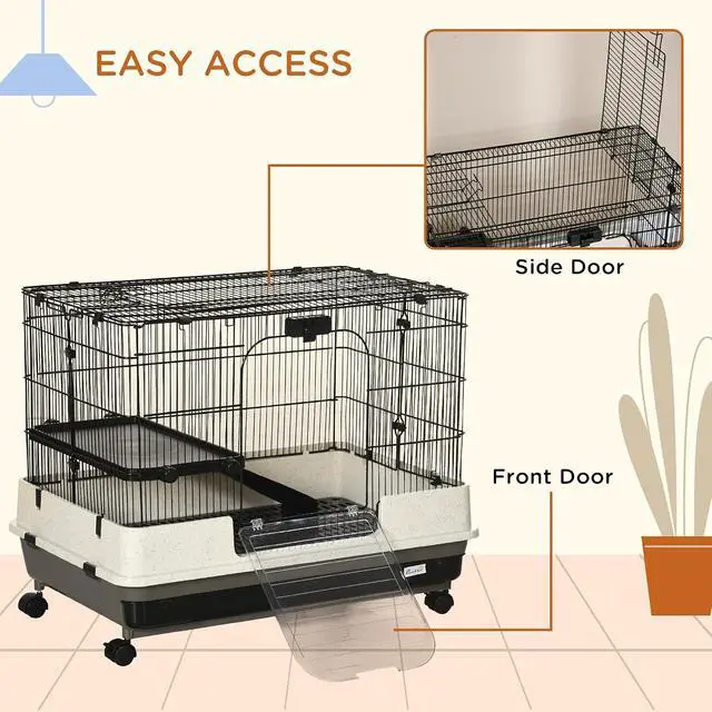 Alt view image 3 of 7 - PawHut 26" Small Animal Cage with Wheels, 2-Level Portable Bunny Cage, Chinchilla Ferret Cage with Removable Tray, Platform and Ramp | Portable Chinchilla Ferret Cage, Platform, Ramp