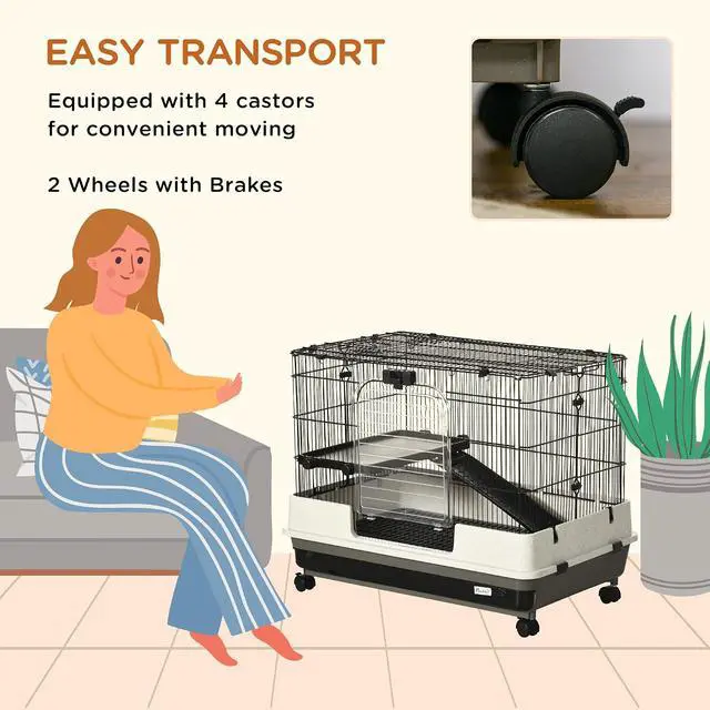 Alt view image 5 of 7 - PawHut 26" Small Animal Cage with Wheels, 2-Level Portable Bunny Cage, Chinchilla Ferret Cage with Removable Tray, Platform and Ramp | Portable Chinchilla Ferret Cage, Platform, Ramp