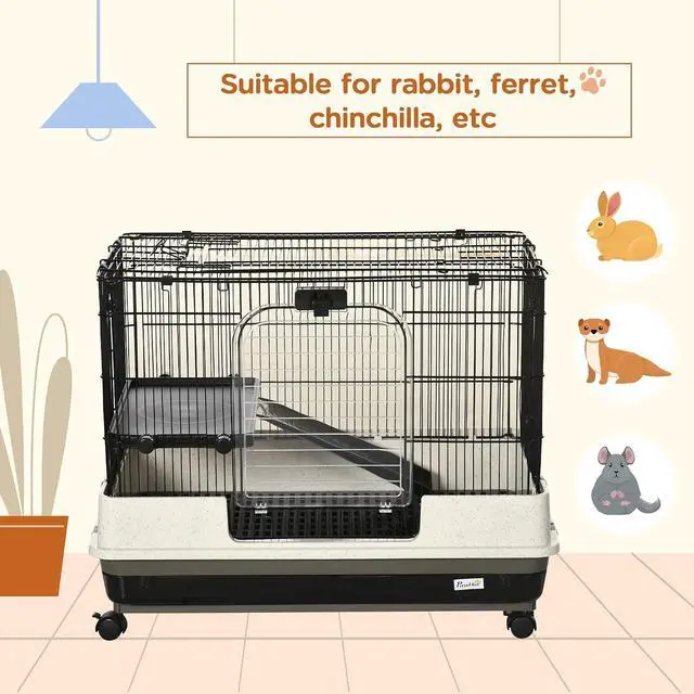 Alt view image 4 of 7 - PawHut 26" Small Animal Cage with Wheels, 2-Level Portable Bunny Cage, Chinchilla Ferret Cage with Removable Tray, Platform and Ramp | Portable Chinchilla Ferret Cage, Platform, Ramp