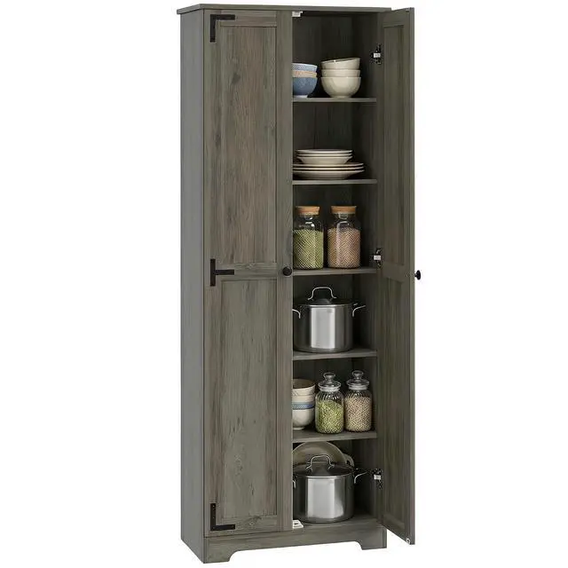 Main image of 67" Farmhouse Pantry Cabinet Storage Cupboard Distressed Gray | Freestanding Kitchen Pantry Storage Cabinet, Recessed Doors, Adjustable Shelves