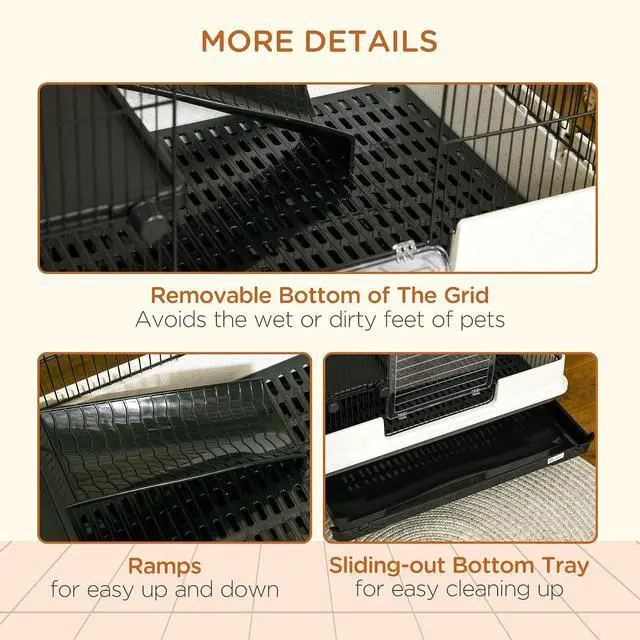 Alt view image 6 of 7 - PawHut 26" Small Animal Cage with Wheels, 2-Level Portable Bunny Cage, Chinchilla Ferret Cage with Removable Tray, Platform and Ramp | Portable Chinchilla Ferret Cage, Platform, Ramp