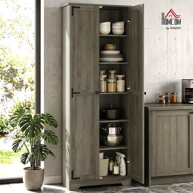 Alt view image 2 of 7 - 67" Farmhouse Pantry Cabinet Storage Cupboard Distressed Gray | Freestanding Kitchen Pantry Storage Cabinet, Recessed Doors, Adjustable Shelves