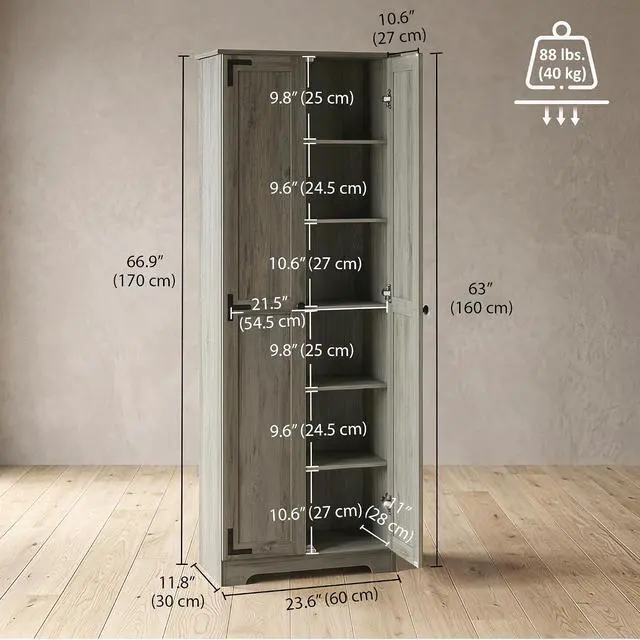 Alt view image 3 of 7 - 67" Farmhouse Pantry Cabinet Storage Cupboard Distressed Gray | Freestanding Kitchen Pantry Storage Cabinet, Recessed Doors, Adjustable Shelves