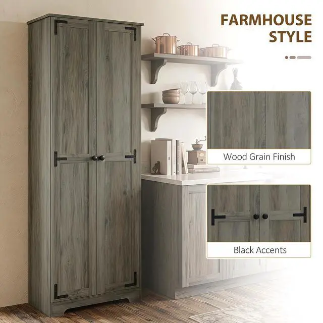 Alt view image 4 of 7 - 67" Farmhouse Pantry Cabinet Storage Cupboard Distressed Gray | Freestanding Kitchen Pantry Storage Cabinet, Recessed Doors, Adjustable Shelves