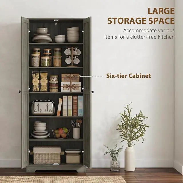 Alt view image 5 of 7 - 67" Farmhouse Pantry Cabinet Storage Cupboard Distressed Gray | Freestanding Kitchen Pantry Storage Cabinet, Recessed Doors, Adjustable Shelves