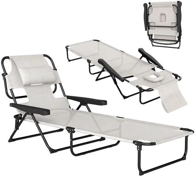 Main image of Tanning Chaise Lounge Chair 4-Position Beach Chair Cream White | Face & Arm Holes, Pillow Headrest, Adjustable, Sunbathing