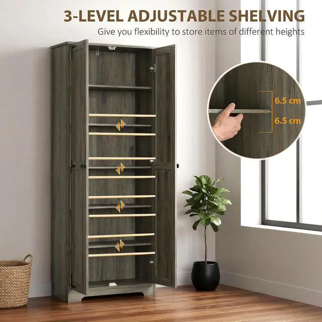 Alt view image 6 of 7 - 67" Farmhouse Pantry Cabinet Storage Cupboard Distressed Gray | Freestanding Kitchen Pantry Storage Cabinet, Recessed Doors, Adjustable Shelves