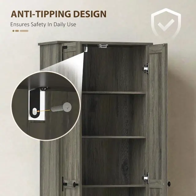 Alt view image 7 of 7 - 67" Farmhouse Pantry Cabinet Storage Cupboard Distressed Gray | Freestanding Kitchen Pantry Storage Cabinet, Recessed Doors, Adjustable Shelves