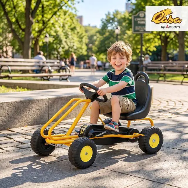 Alt view image 2 of 7 - Qaba Go Kart for Kids 4 Wheel Pedal Go Cart with Steering Wheels Yellow | Adjustable Seat, Safety Hand Brake, Outdoor Racer Ride-On Car, for Boys Girls 3-6 Years