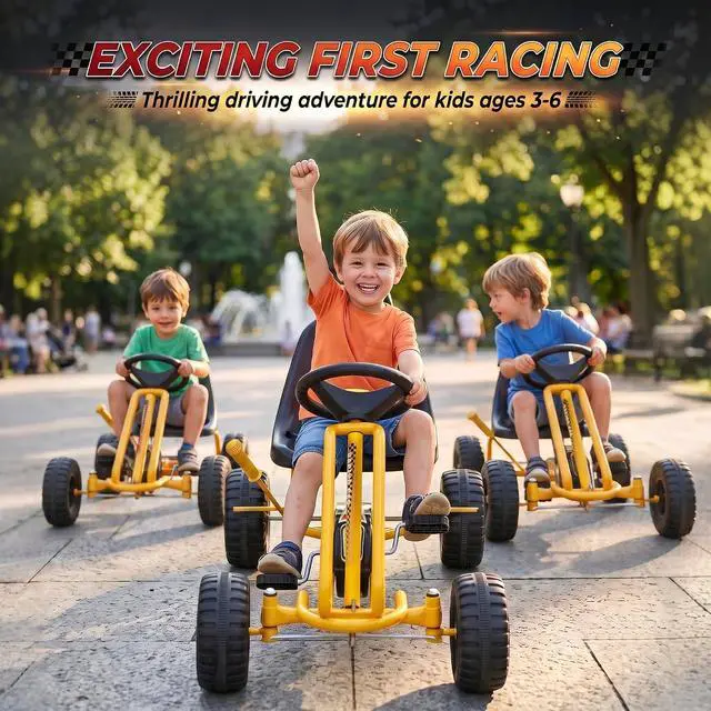 Alt view image 3 of 7 - Qaba Go Kart for Kids 4 Wheel Pedal Go Cart with Steering Wheels Yellow | Adjustable Seat, Safety Hand Brake, Outdoor Racer Ride-On Car, for Boys Girls 3-6 Years