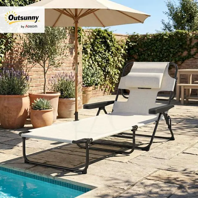 Alt view image 2 of 7 - Tanning Chaise Lounge Chair 4-Position Beach Chair Cream White | Face & Arm Holes, Pillow Headrest, Adjustable, Sunbathing
