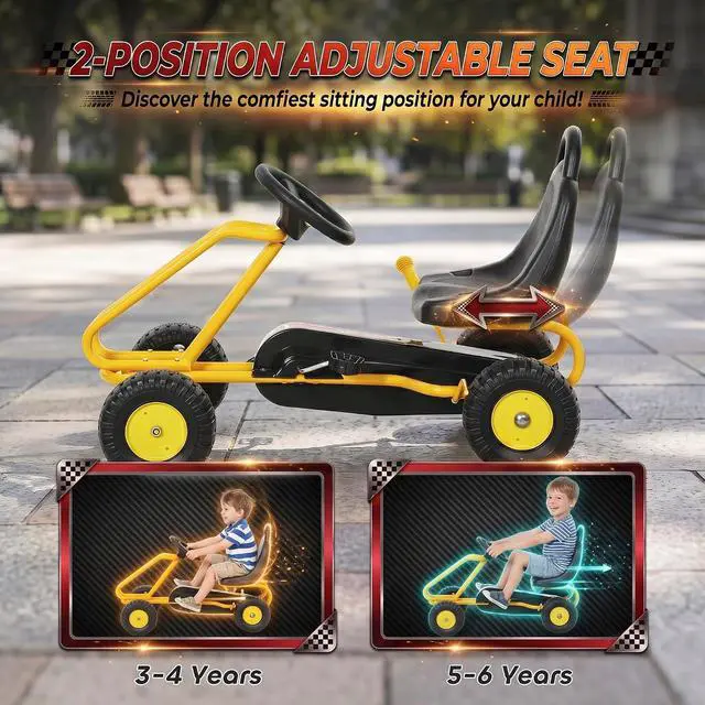Alt view image 4 of 7 - Qaba Go Kart for Kids 4 Wheel Pedal Go Cart with Steering Wheels Yellow | Adjustable Seat, Safety Hand Brake, Outdoor Racer Ride-On Car, for Boys Girls 3-6 Years