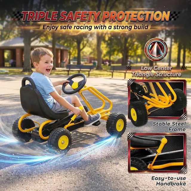 Alt view image 5 of 7 - Qaba Go Kart for Kids 4 Wheel Pedal Go Cart with Steering Wheels Yellow | Adjustable Seat, Safety Hand Brake, Outdoor Racer Ride-On Car, for Boys Girls 3-6 Years