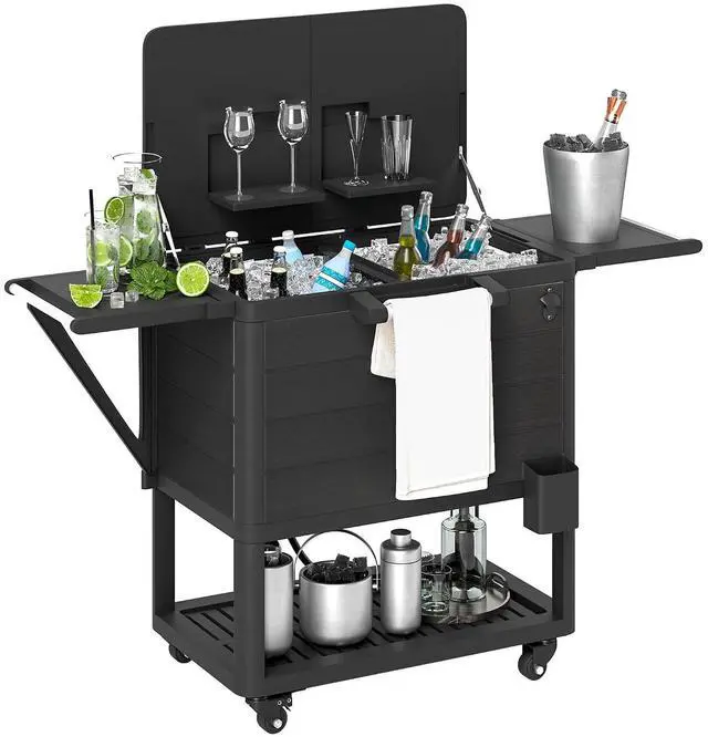 Main image of Patio Cooler with Wheels 104 Quart Large Capacity, Black | Rolling Ice Chest, Bottle Opener, Shelves, Outdoor Beverage Bar Cart, Handles, Pool Deck BBQ Cookouts Party