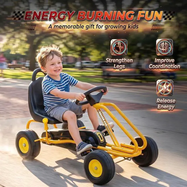 Alt view image 6 of 7 - Qaba Go Kart for Kids 4 Wheel Pedal Go Cart with Steering Wheels Yellow | Adjustable Seat, Safety Hand Brake, Outdoor Racer Ride-On Car, for Boys Girls 3-6 Years