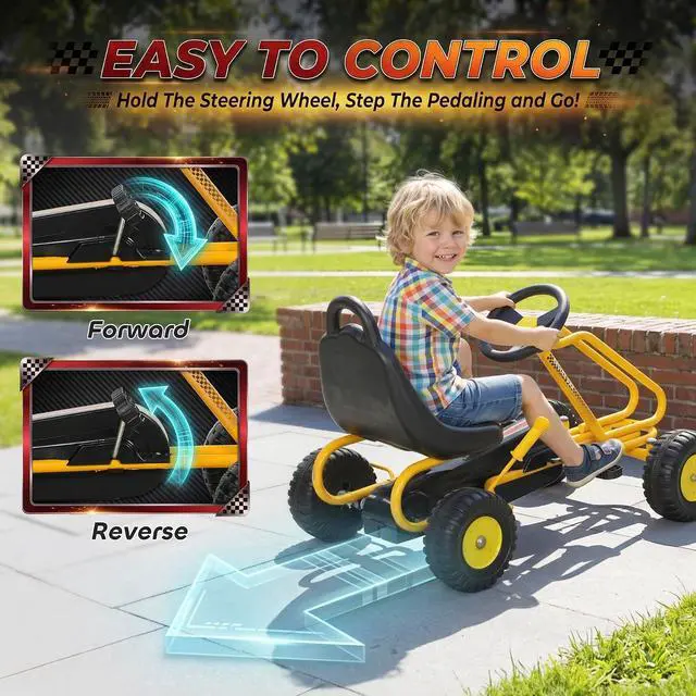 Alt view image 7 of 7 - Qaba Go Kart for Kids 4 Wheel Pedal Go Cart with Steering Wheels Yellow | Adjustable Seat, Safety Hand Brake, Outdoor Racer Ride-On Car, for Boys Girls 3-6 Years