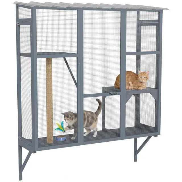 Main image of PawHut Outdoor Catio for 2-3 Large Indoor Cats 2 Jumping Platforms Gray | Cat Window Catio Box Enclosure, Scratching Post, Cat Window Perch, Playing, Sunbathing, Napping, Enjoying Sights