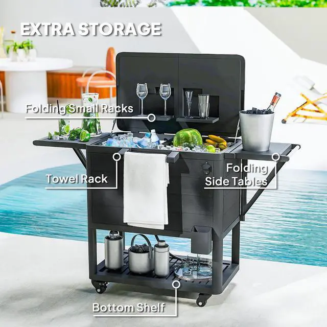 Alt view image 5 of 7 - Patio Cooler with Wheels 104 Quart Large Capacity, Black | Rolling Ice Chest, Bottle Opener, Shelves, Outdoor Beverage Bar Cart, Handles, Pool Deck BBQ Cookouts Party