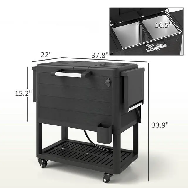 Alt view image 7 of 7 - Patio Cooler with Wheels 104 Quart Large Capacity, Black | Rolling Ice Chest, Bottle Opener, Shelves, Outdoor Beverage Bar Cart, Handles, Pool Deck BBQ Cookouts Party